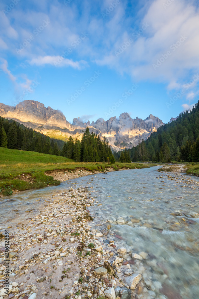 Fototapeta premium Sunset in Val Veneggia valley, Trentino, Dolomites, Italy