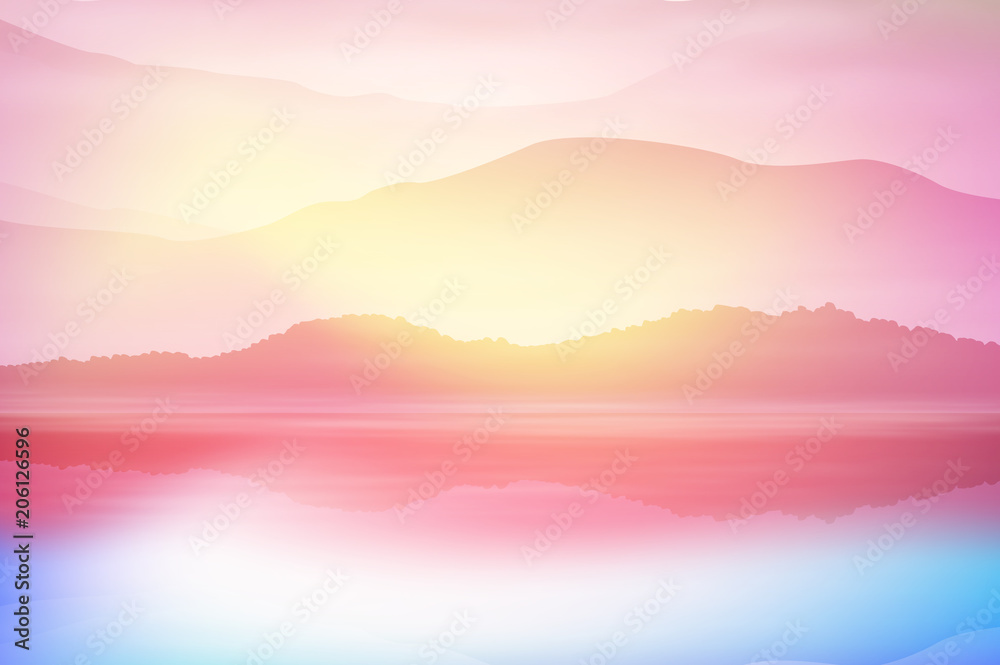 Background with sea and mountain. Sunset time. EPS10 vector.