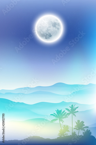 Background with fullmoon and palm tree and mountains in the fog. EPS10 vector.