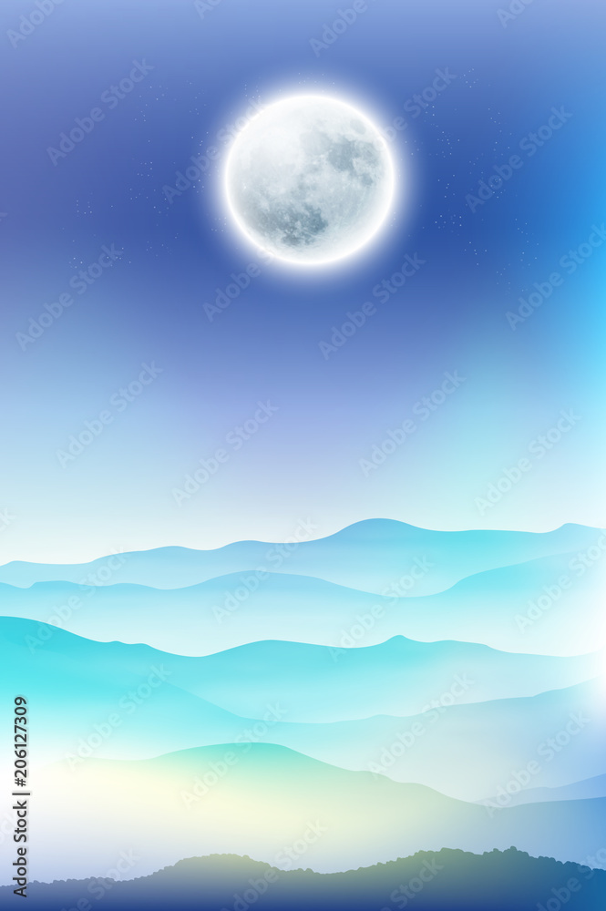 Background with fullmoon and mountains in the fog. EPS10 vector.