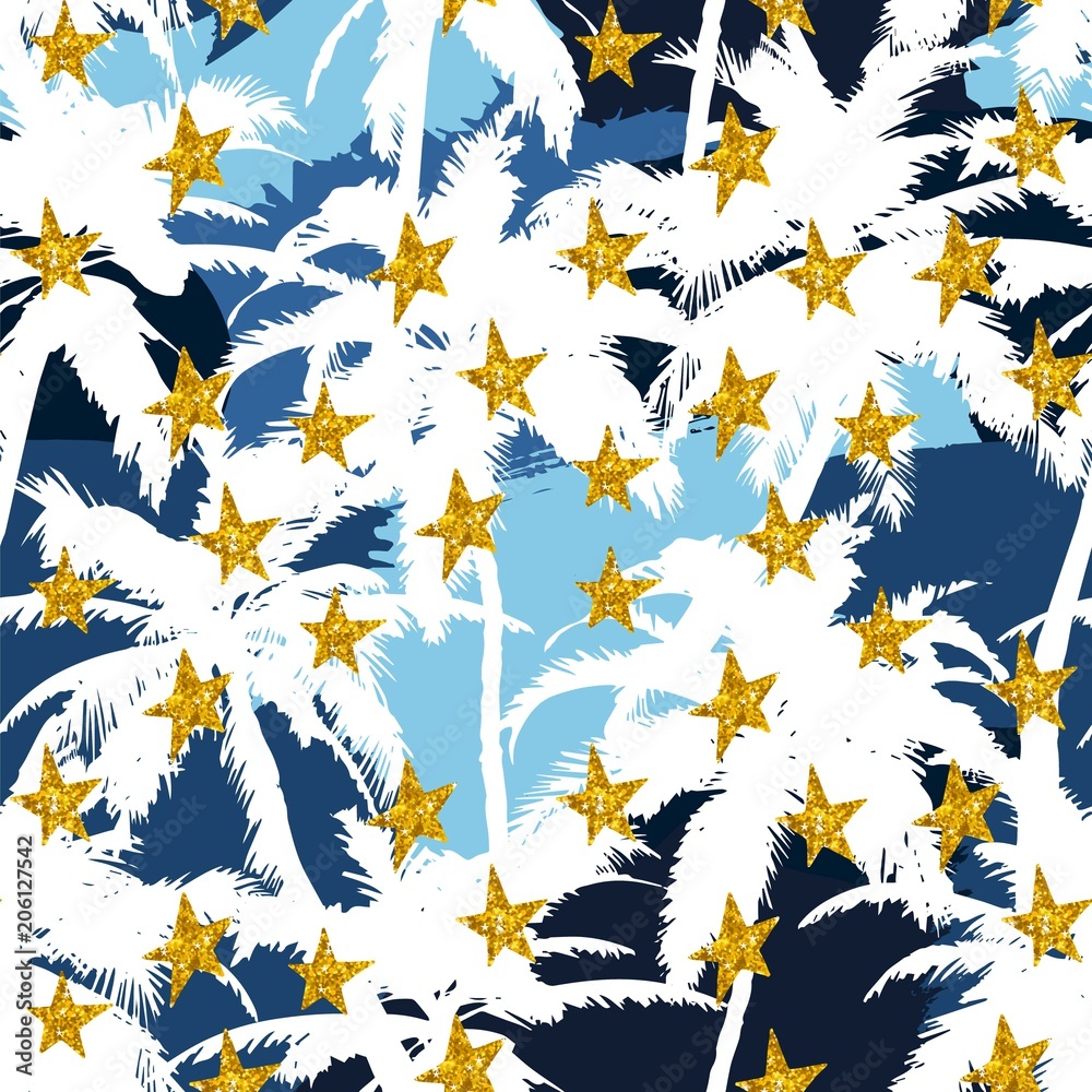 Trendy seamless exotic pattern with palm and golden stars. Modern abstract design for paper, wallpaper, cover, fabric and other users. Vector illustration.
