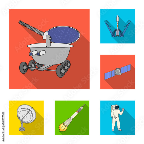 Space technology flat icons in set collection for design.Spacecraft and equipment vector symbol stock web illustration.