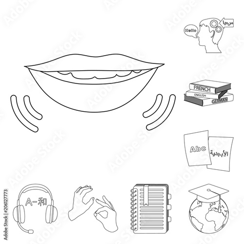 Translator and linguist outline icons in set collection for design. Interpreter vector symbol stock web illustration.