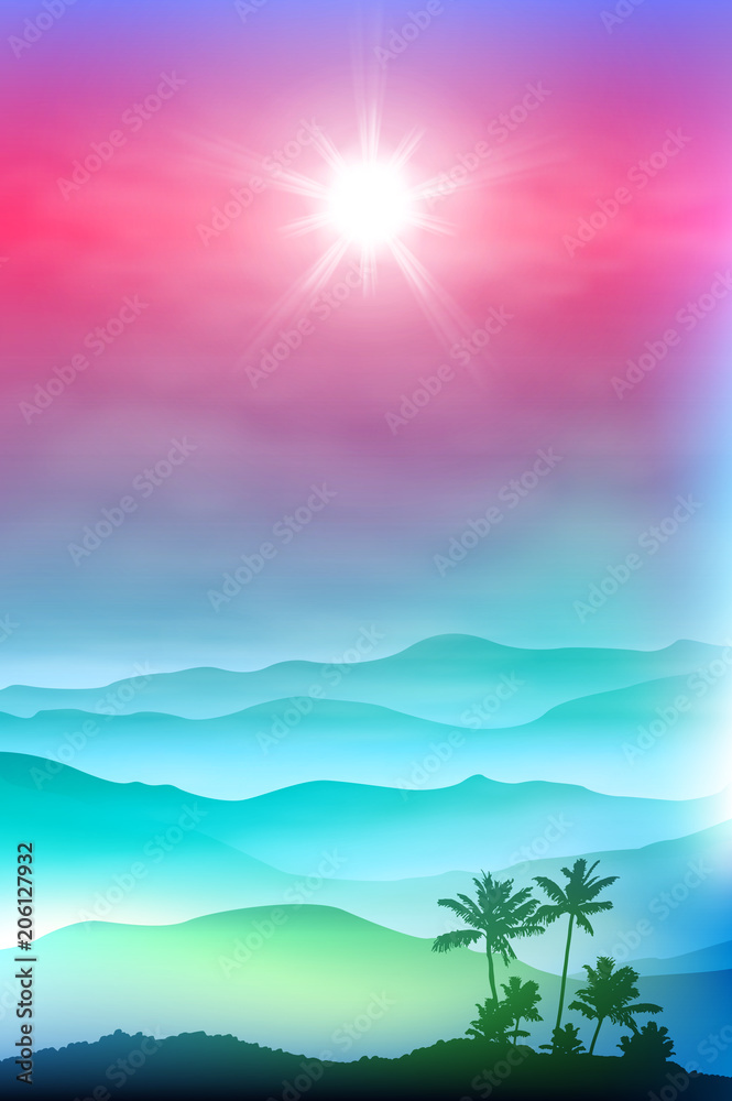 Background with palm tree and mountains in the fog. EPS10 vector.