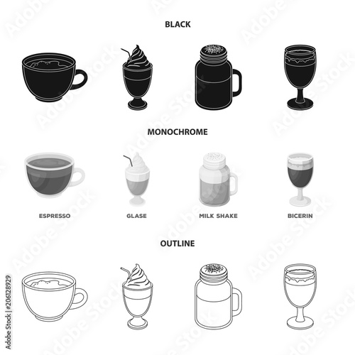Esprecco, glase, milk shake, bicerin.Different types of coffee set collection icons in black,monochrome,outline style vector symbol stock illustration web.