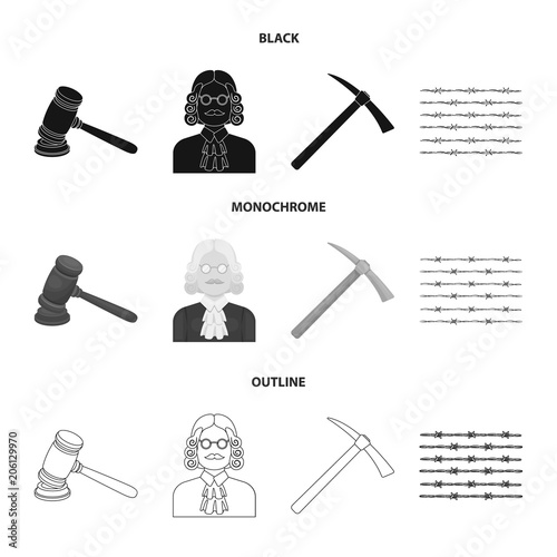 Judge, wooden hammer, barbed wire, pickaxe. Prison set collection icons in black,monochrome,outline style vector symbol stock illustration web.