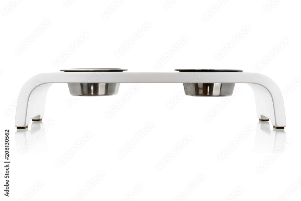 Two pets bowls on wooden stand Two pets bowls on wooden stand