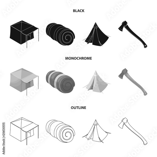 Tent with awning, ax and other accessories.Tent set collection icons in black,monochrome,outline style vector symbol stock illustration web.
