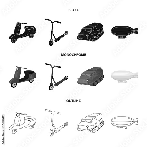 Motorcycle, scooter, armored personnel carrier, aerostat types of transport. Transport set collection icons in black,monochrome,outline style vector symbol stock illustration web.