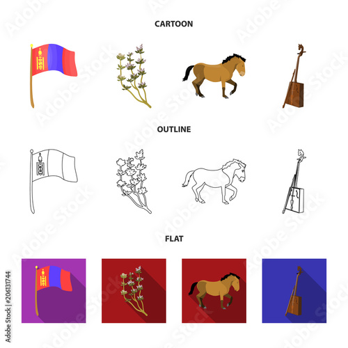 National flag, horse, musical instrument, steppe plant. Mongolia set collection icons in cartoon,outline,flat style vector symbol stock illustration web.