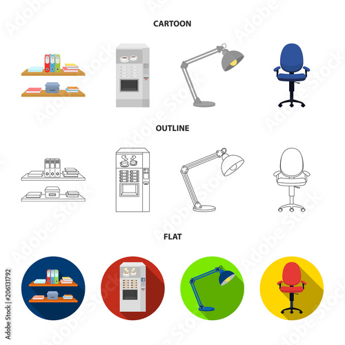 Shelves, folders and notebooks with business records, a coffee machine with cups, an armchair with a backrest on wheels, a desk lamp. Office Furniture set collection icons in cartoon,outline,flat
