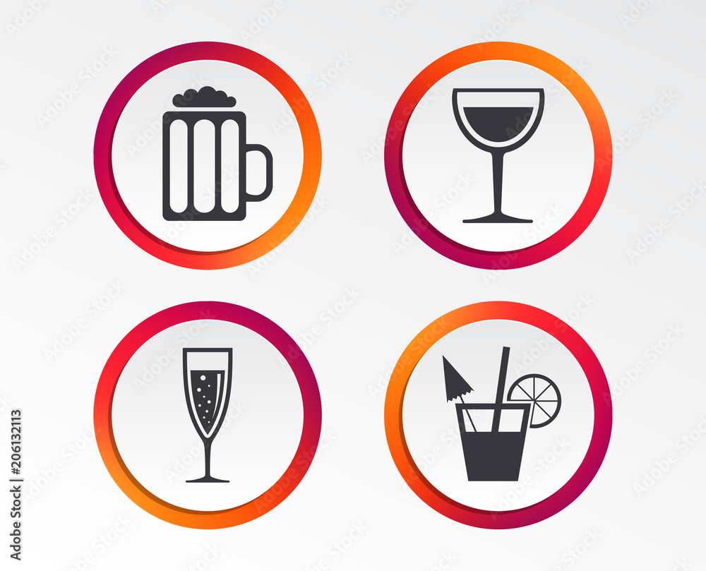 Alcoholic drinks icons. Champagne sparkling wine with bubbles and beer symbols. Wine glass and cocktail signs. Infographic design buttons. Circle templates. Vector Alcoholic drinks icons. Champagne sparkling wine with bubbles and beer symbols. Wine glass and cocktail signs. Infographic design buttons. Circle templates. Vector