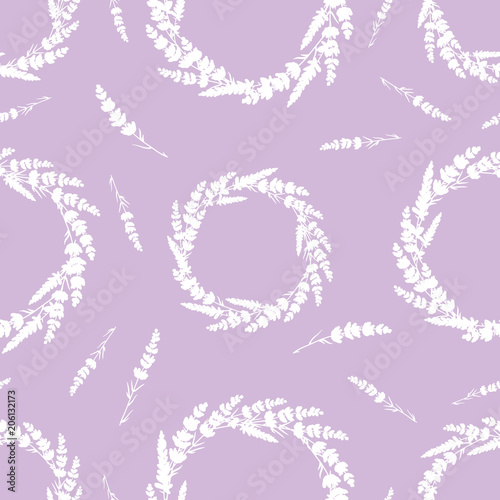 Lavender flowers wreaths repeat pattern. Beautiful violet lavender retro back...