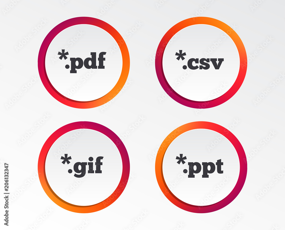 Document icons. File extensions symbols. PDF, GIF, CSV and PPT presentation signs. Infographic design buttons. Circle templates. Vector Document icons. File extensions symbols. PDF, GIF, CSV and PPT presentation signs. Infographic design buttons. Circle templates. Vector
