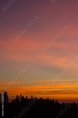 Landscape with dramatic light - beautiful golden sunset with saturated sky and clouds.