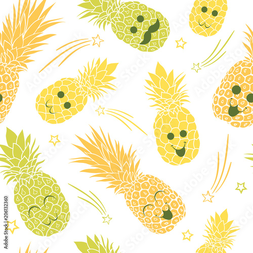 Cute pineapple family seamless repeat pattern. Great for tropical summer theme wallpaper, backgrounds, packaging, fabric, scrapbooking, and giftwrap projects. Surface pattern design.