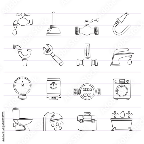 plumbing objects and tools icons - vector icon set
