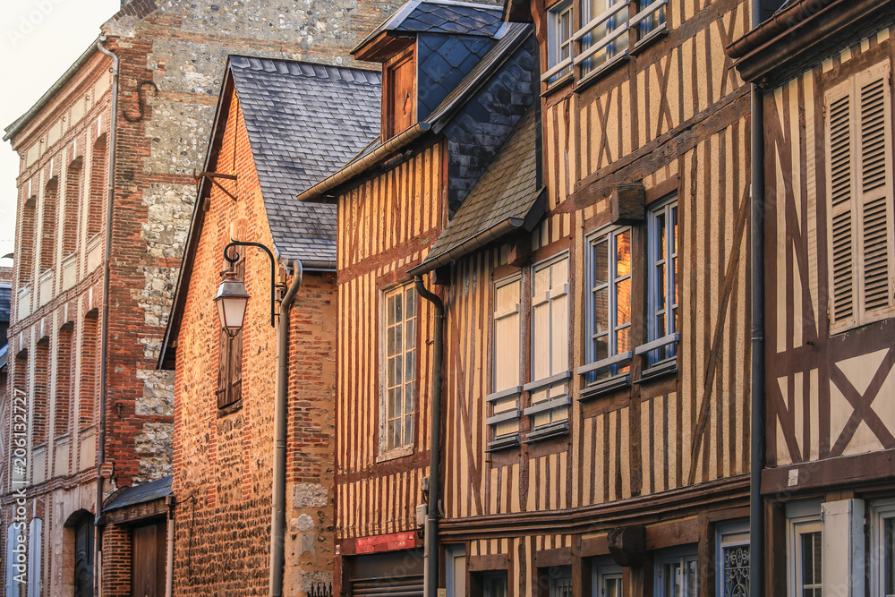 Street scene with traditional houses in Honfleur, Normandy, France	