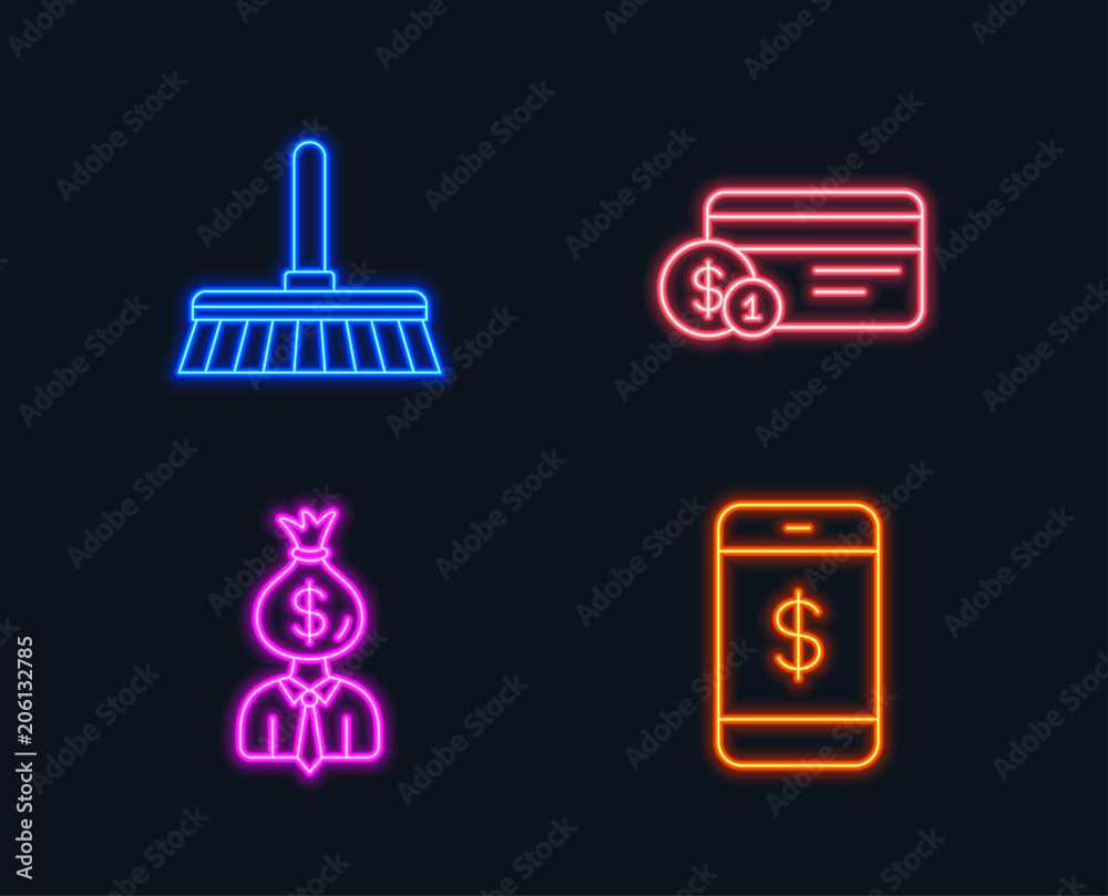 Neon lights. Set of Cleaning mop, Payment method and Manager icons. Smartphone payment sign. Sweep a floor, Work profit, Mobile pay. Glowing graphic designs. Vector Neon lights. Set of Cleaning mop, Payment method and Manager icons. Smartphone payment sign. Sweep a floor, Work profit, Mobile pay. Glowing graphic designs. Vector