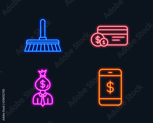 Neon lights. Set of Cleaning mop, Payment method and Manager icons. Smartphone payment sign. Sweep a floor, Work profit, Mobile pay.  Glowing graphic designs. Vector