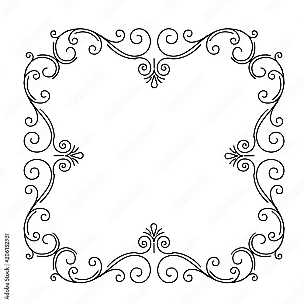 Ornate flourish frame. Page decoration.Floral vintage pattern. Swirls, Curls, Scroll elements. Wedding invitation, Save the date. Vector.