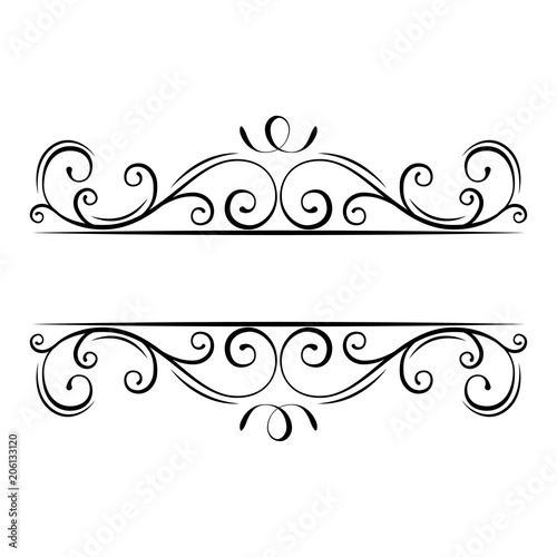 Calligraphic flourish frame. Decorative ornate border. Swirls, Curls, Scroll filigree design elements. Vector.