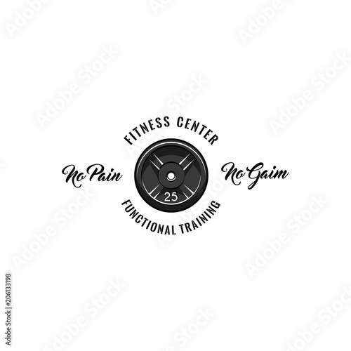 Barbell disk icon. Fitness center logo. Bodybuilding label. No pain No gain lettering. Sport Training. Disk weight. Vector.