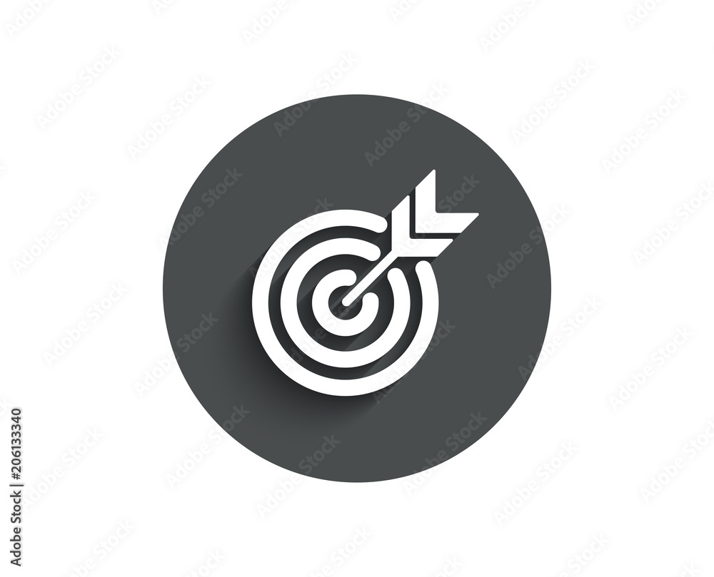 Target simple icon. Marketing targeting strategy symbol. Aim with arrows sign. Circle flat button with shadow. Vector Target simple icon. Marketing targeting strategy symbol. Aim with arrows sign. Circle flat button with shadow. Vector