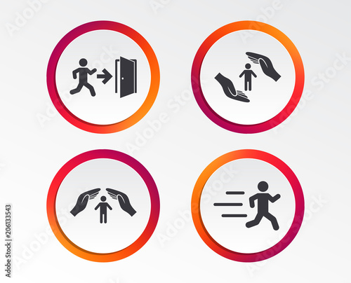 Free Download Life insurance hands protection icon. Human running symbol. Emergency exit with arrow sign. Infographic design buttons. Circle templates. Vector - GFXLoad