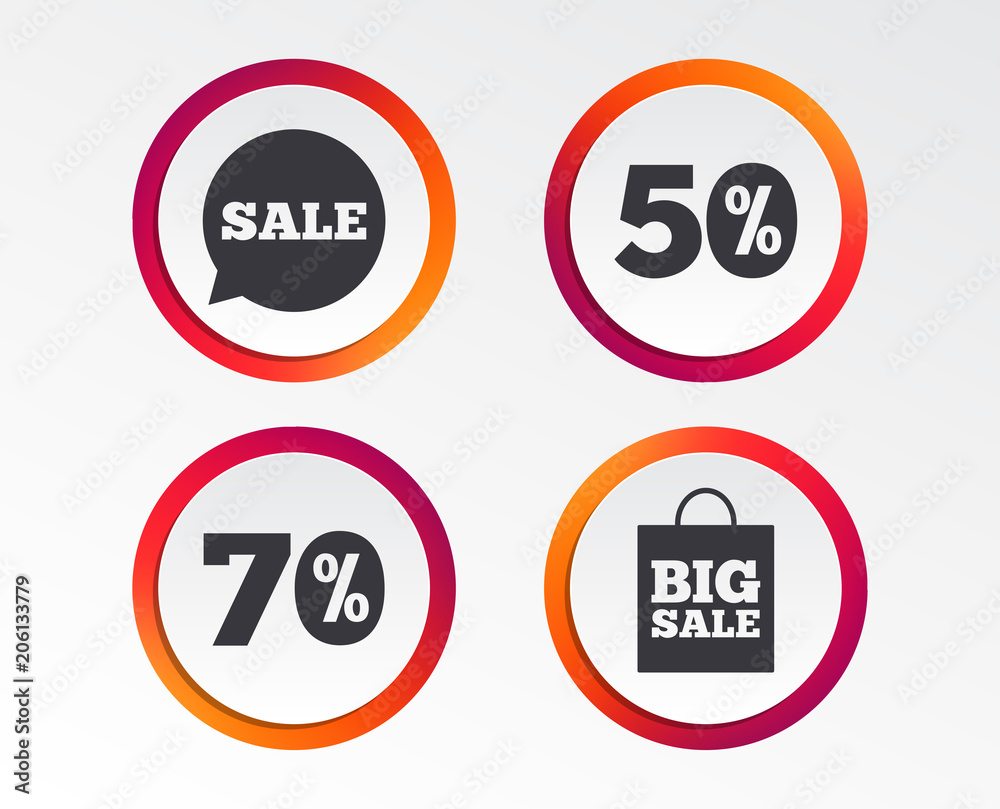 Sale speech bubble icon. 50% and 70% percent discount symbols. Big sale shopping bag sign. Infographic design buttons. Circle templates. Vector Sale speech bubble icon. 50% and 70% percent discount symbols. Big sale shopping bag sign. Infographic design buttons. Circle templates. Vector