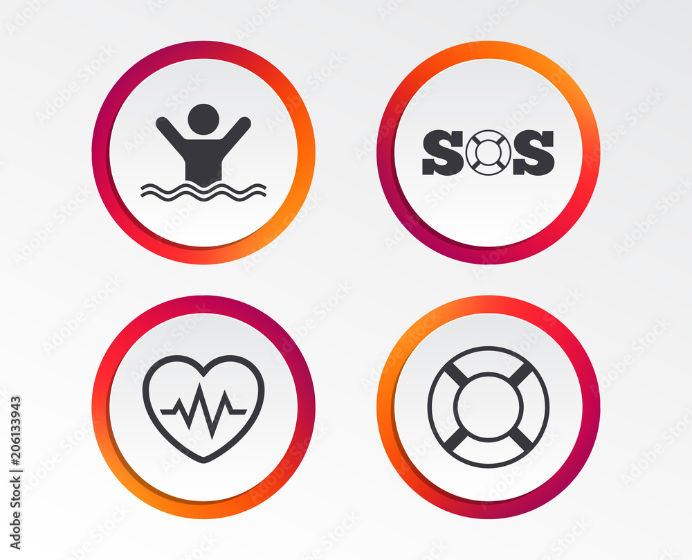 SOS lifebuoy icon. Heartbeat cardiogram symbol. Swimming sign. Man drowns. Infographic design buttons. Circle templates. Vector