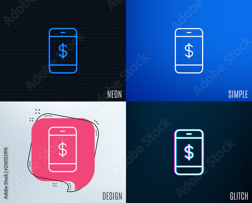 Glitch, Neon effect. Mobile Shopping line icon. Smartphone Online buying sign. Dollar symbol. Trendy flat geometric designs. Vector