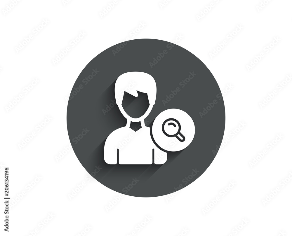 Search User simple icon. Profile Avatar with Magnifying glass sign. Male Person silhouette symbol. Circle flat button with shadow. Vector Search User simple icon. Profile Avatar with Magnifying glass sign. Male Person silhouette symbol. Circle flat button with shadow. Vector