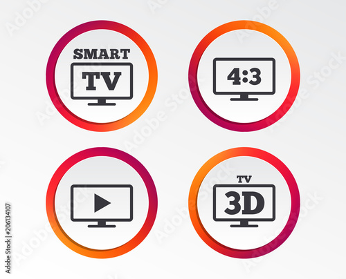 Smart TV mode icon. Aspect ratio 4:3 widescreen symbol. 3D Television sign. Infographic design buttons. Circle templates. Vector