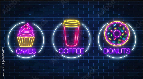 Set of three neon glowing signs of donut, cakes and coffee in circle frames. Fastfood light billboard symbol.