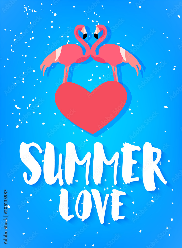 Summer love poster with two flamingo, red heart and text on blue background. Flat design. Vector card. Summer love poster with two flamingo, red heart and text on blue background. Flat design. Vector card.