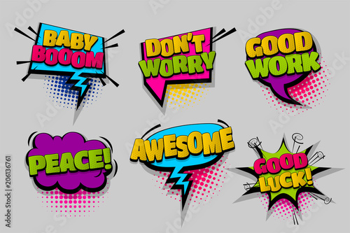 Baby boom good luck pop set hand drawn pictures effects template comics speech bubble halftone dot background pop art style. Comic dialog cloud. Idea conversation sketch explosion.