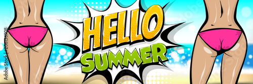 Hawaii two woman pop art style retro poster. Hello summer vacation tropical banner. Comic text halftone vector. Wow female body booty in bikini. Sexy body