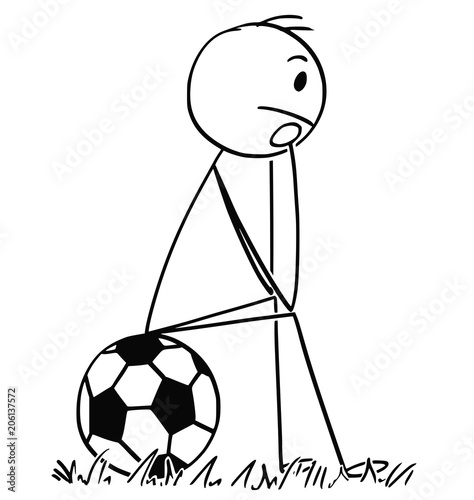 Cartoon stick man drawing conceptual illustration of football or soccer player sitting on ball and thinking sad or depressed.