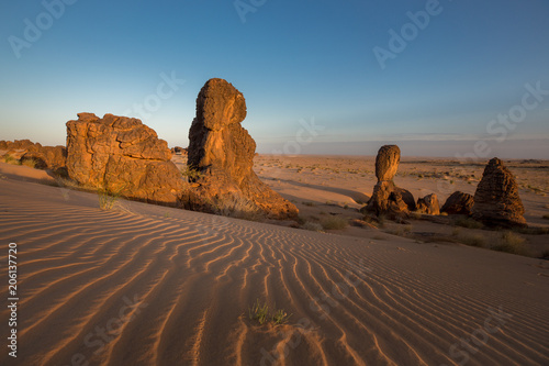 Exceptional rock formation embedded in a large dune area – The Fingers, Es Sba, Mauritania