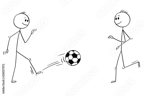 Cartoon stick man drawing conceptual illustration of two football or soccer players kicking, playing or training with the ball.