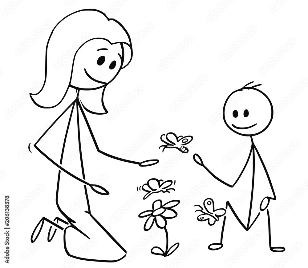 Cartoon stick man drawing conceptual illustration of mother and son  watching flowers and butterflies or nature together. Concept of parenting.  Stock Vector | Adobe Stock