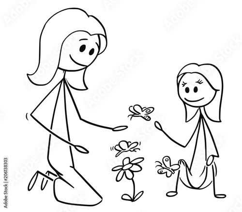 Cartoon stick man drawing conceptual illustration of mother and daughter watching flowers and butterflies or nature together. Concept of parenting.