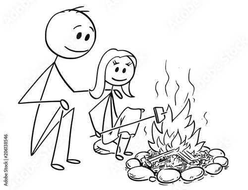 Cartoon stick man drawing conceptual illustration of father and daughter sitting around fire or campfire.