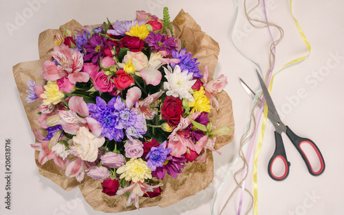  beautiful bouquet of roses and chrysanthemums, a colorful bouquet of different fresh flowers