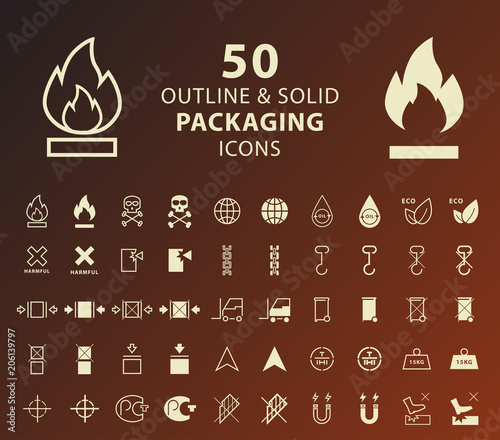 Set of 50 Outline and Solid Packaging Icons on Dark Background . Isolated Vector Elements