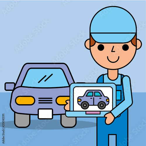 employee expert holding computer diagnostic car service vector illustration