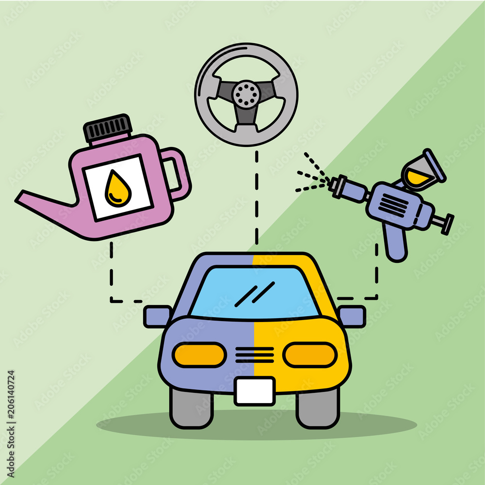 car service maintenance painting sprayer oil bottle vector illustration car service maintenance painting sprayer oil bottle vector illustration