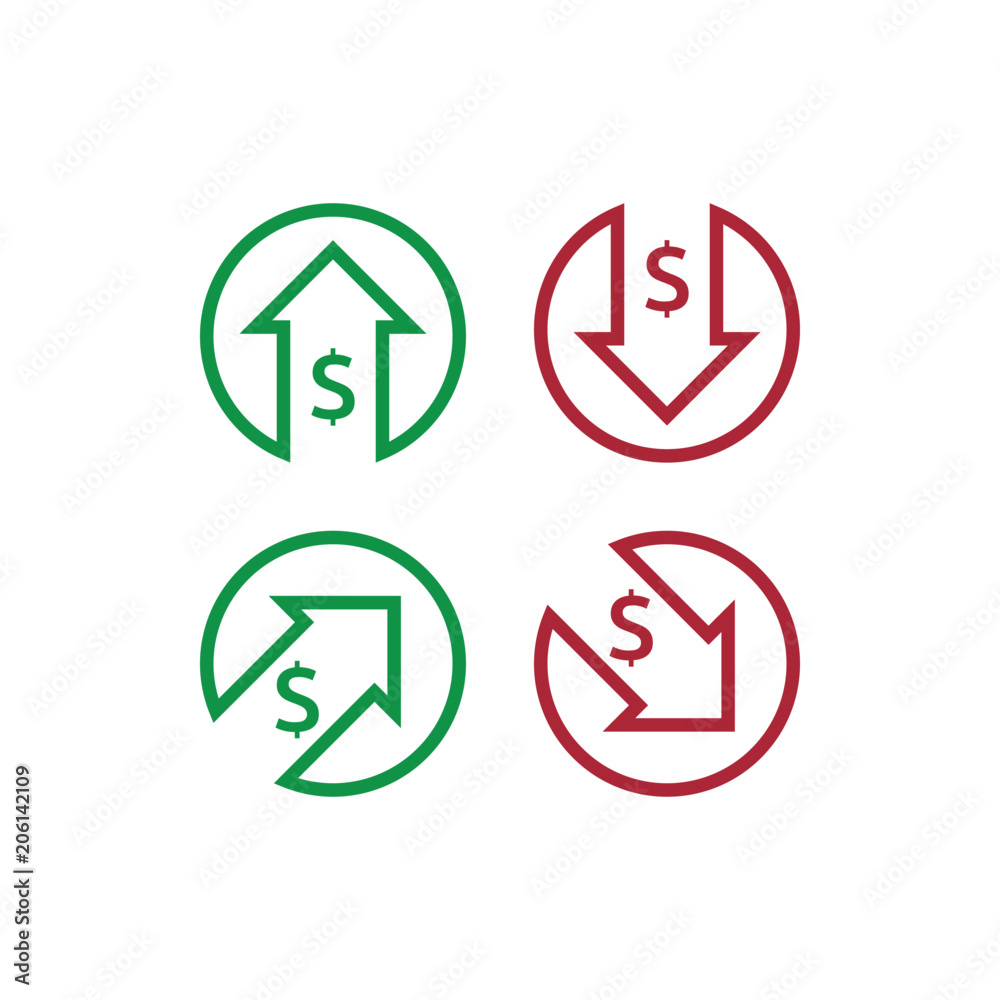 dollar increase decrease icon. Money symbol with arrow stretching rising up and drop fall down. Business cost sale and reduction icon. vector illustration. dollar increase decrease icon. Money symbol with arrow stretching rising up and drop fall down. Business cost sale and reduction icon. vector illustration.