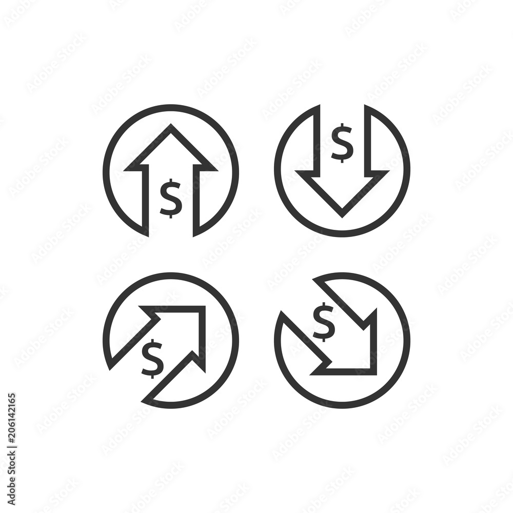 dollar increase decrease icon. Money symbol with arrow stretching rising up and drop fall down. Business cost sale and reduction icon. vector illustration. dollar increase decrease icon. Money symbol with arrow stretching rising up and drop fall down. Business cost sale and reduction icon. vector illustration.